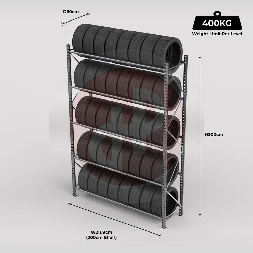 Tyre Racking System 300 x 60 x 200cm H with 5 levels
