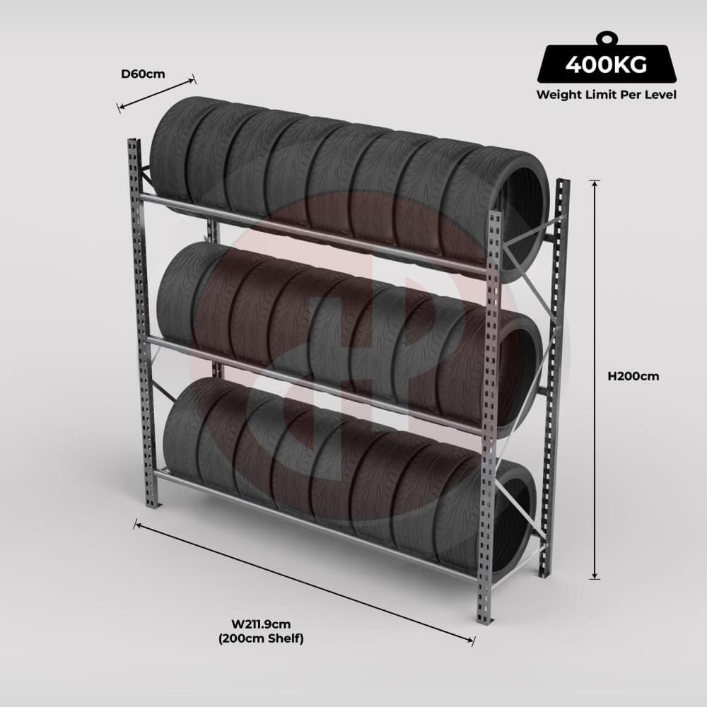Tyre Racking System 200 x 60 x 200cm H with 3 levels